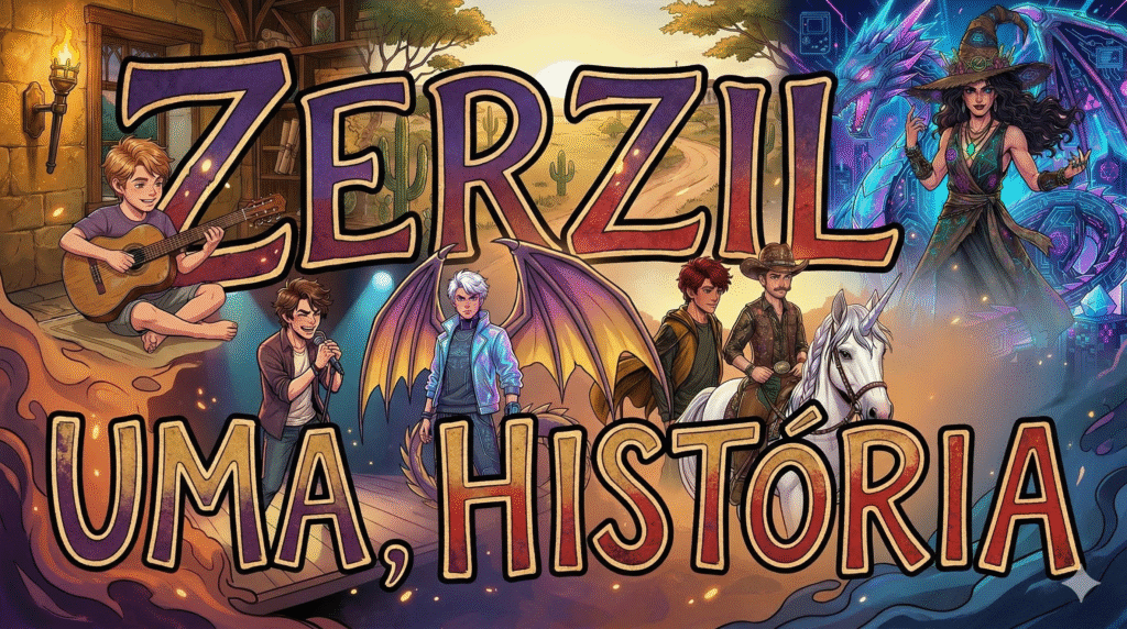 Imagem que representa o título da biografia "Zerzil, uma história" com elementos da infância e da vida artística com várias personas