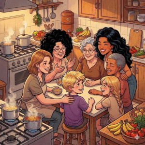 Mãe, avós, madrinha e irmã reunidas na cozinha