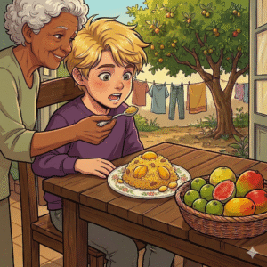 Mesa simples com prato de arroz com pequi, frutos de umbu goiaba e a tia-avó servindo comida.