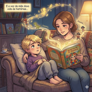 Zerzil criança deitade ouvindo a mãe ler um livro, com palavras saindo do livro como pequenos seres de luz.