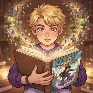 Zerzil criança segurando um livro aberto, com letras flutuando e virando pequenas cenas ao redor.