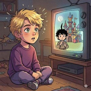 Criança diante da TV vendo o Castelo Rá-Tim-Bum