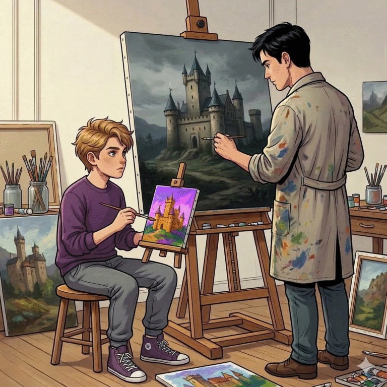 Criança pintando ao observar o artista plástico Jorge Rocha